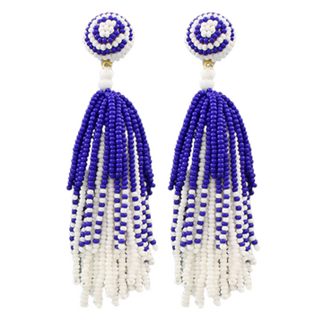 Blue and White Beaded Tassel Earrings