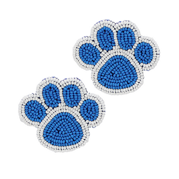 Blue and White Beaded Paw Print Earrings Post Back