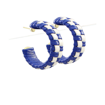 Blue and White Leather Checker Hoops